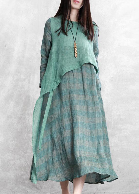 100% green plaid tunic top o neck asymmetric Maxi fall Dresses - SooLinen