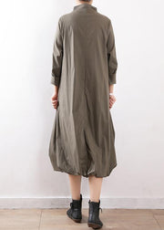 100% high neck asymmetric cotton dresses gray green Art Dress fall - SooLinen