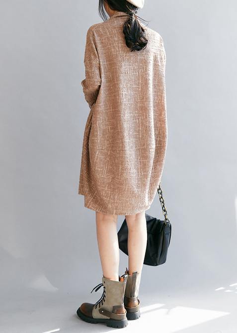100% high neck patchwork fall clothes Tutorials pink long Dresses - SooLinen