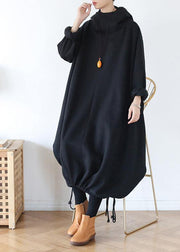 100% hooded asymmetric cotton Wardrobes Work black Maxi Dress - SooLinen