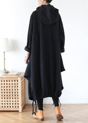 100% hooded asymmetric cotton Wardrobes Work black Maxi Dress - SooLinen