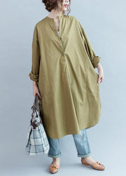 100% khaki cotton clothes Women side open loose fall Dress - SooLinen
