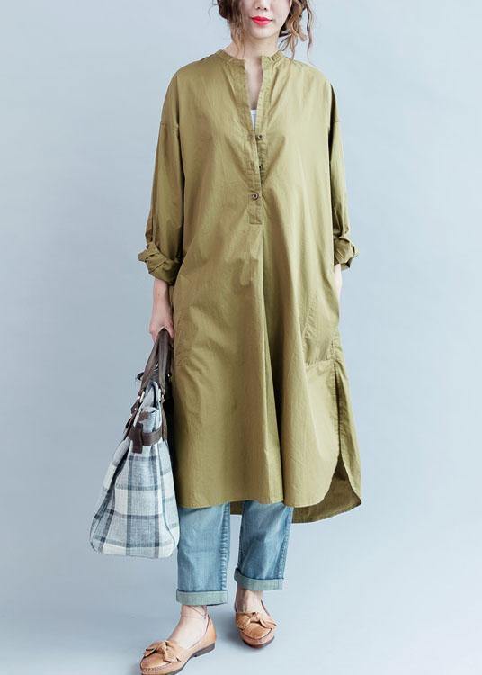100% khaki cotton clothes Women side open loose fall Dress - SooLinen