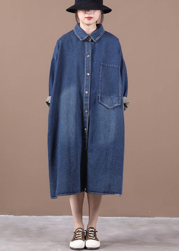 100% lapel patchwork spring outfit Fashion Ideas denim blue long Dress - SooLinen