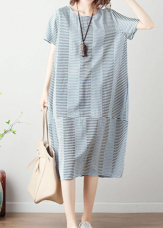 100% light blue striped Cotton Long Shirts patchwork Dresses summer Dresses - SooLinen
