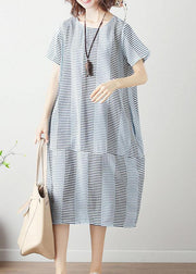 100% light blue striped Cotton Long Shirts patchwork Dresses summer Dresses - SooLinen