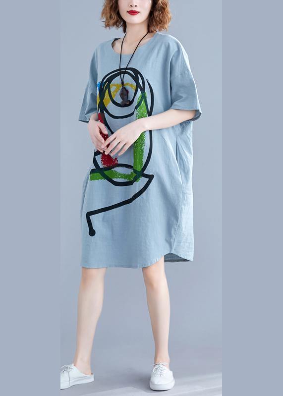 100% light green o neck Cotton clothes Women Cartoon print baggy summer Dresses - SooLinen