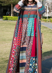 100% multicolor cotton clothes For Women patchwork o neck Plus Size Clothing spring Dress - SooLinen
