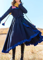 100% navy cotton Tunics embroidery Dresses ruffles Dresses - SooLinen