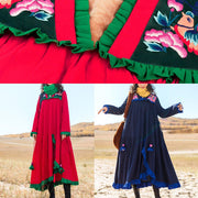 100% navy cotton Tunics embroidery Dresses ruffles Dresses - SooLinen