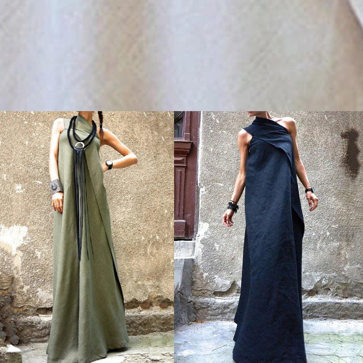 100% navy cotton linen quilting clothes sleeveless patchwork Love Dresses - SooLinen