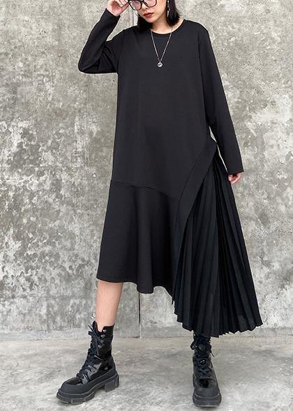 100% o neck Ruffles cotton clothes Women Outfits black long Dresses - SooLinen