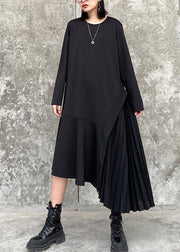 100% o neck Ruffles cotton clothes Women Outfits black long Dresses - SooLinen