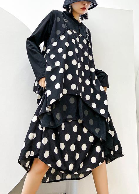 100% o neck asymmetric clothes Tutorials black dotted long Dress - SooLinen