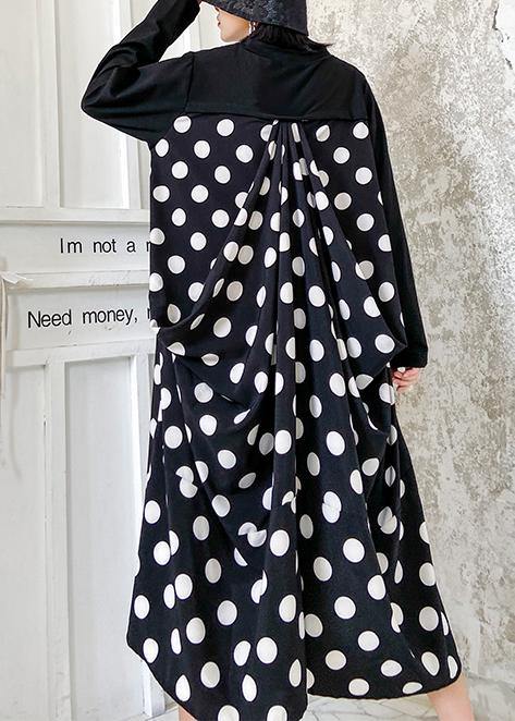 100% o neck asymmetric clothes Tutorials black dotted long Dress - SooLinen