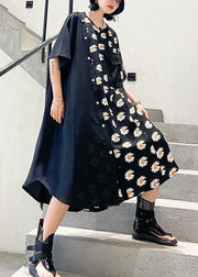 100% o neck asymmetric cotton clothes Shirts black print cotton robes Dress - SooLinen