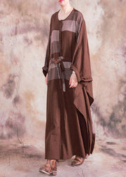 100% o neck asymmetric linen clothes For Women brown plaid drawstring Dresses fall - SooLinen