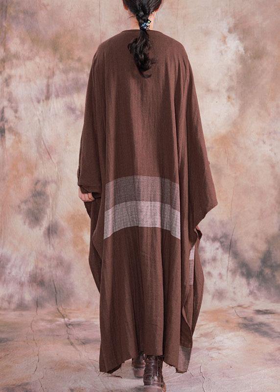 100% o neck asymmetric linen clothes For Women brown plaid drawstring Dresses fall - SooLinen
