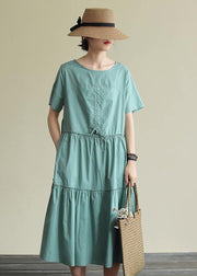 100% o neck drawstring cotton summerdresses Fabrics green Art Dresses - SooLinen