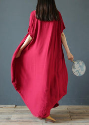 100% o neck exra large hem summer clothes Sleeve burgundy Maxi Dress - SooLinen