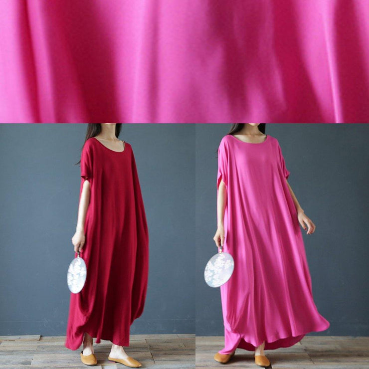 100% o neck exra large hem summer clothes Sleeve burgundy Maxi Dress - SooLinen