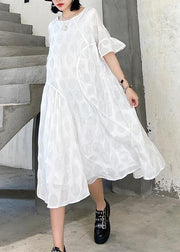 100% o neck flare sleeve cotton tunics for women Fabrics white dotted Dresses - SooLinen