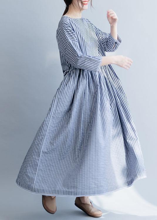 100% o neck half sleeve cotton dresses Neckline blue striped Maxi Dress fall - SooLinen