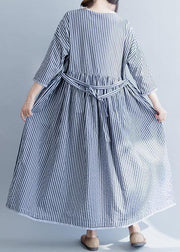 100% o neck half sleeve cotton dresses Neckline blue striped Maxi Dress fall - SooLinen