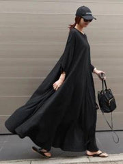 100% o neck large hem cotton clothes Fabrics black Dresses - SooLinen