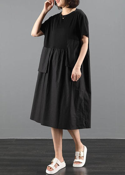 100% o neck patchwork clothes Catwalk black loose Dresses - SooLinen