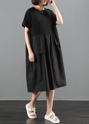 100% o neck patchwork clothes Catwalk black loose Dresses - SooLinen