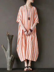 100% o neck patchwork cotton dress Tutorials orange striped Kaftan Dresses - SooLinen
