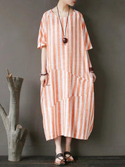 100% o neck patchwork cotton dress Tutorials orange striped Kaftan Dresses - SooLinen