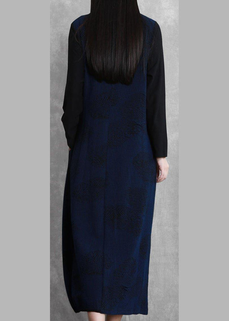 100% o neck patchwork fall Tunics Outfits navy A Line Dresses - SooLinen