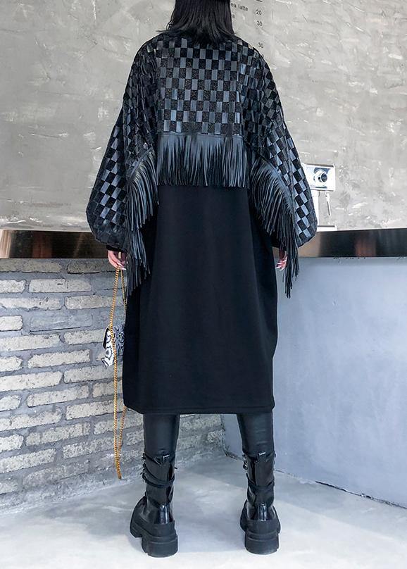 100% o neck patchwork tassel clothes Women Runway black plaid Maxi Dress - SooLinen