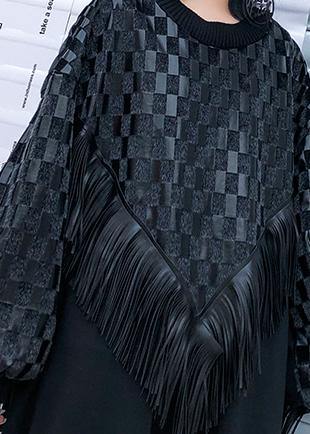 100% o neck patchwork tassel clothes Women Runway black plaid Maxi Dress - SooLinen