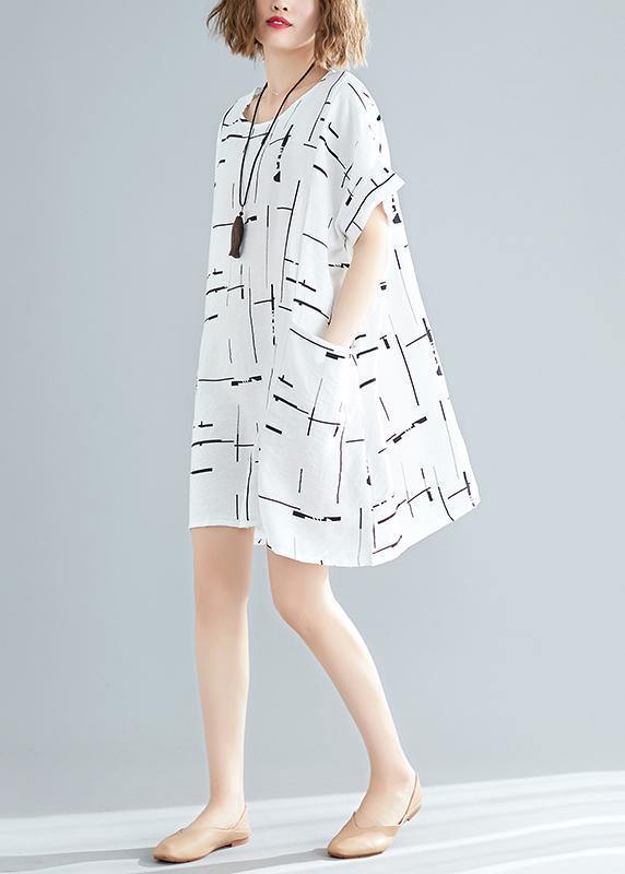 100% o neck pockets Cotton blended clothes For Women stylish Wardrobes white print short Dress Summer - SooLinen