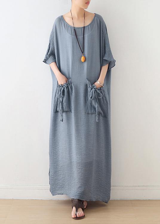 100% o neck pockets cotton clothes For Women Sewing light blue cotton robes Dress - SooLinen