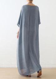 100% o neck pockets cotton clothes For Women Sewing light blue cotton robes Dress - SooLinen