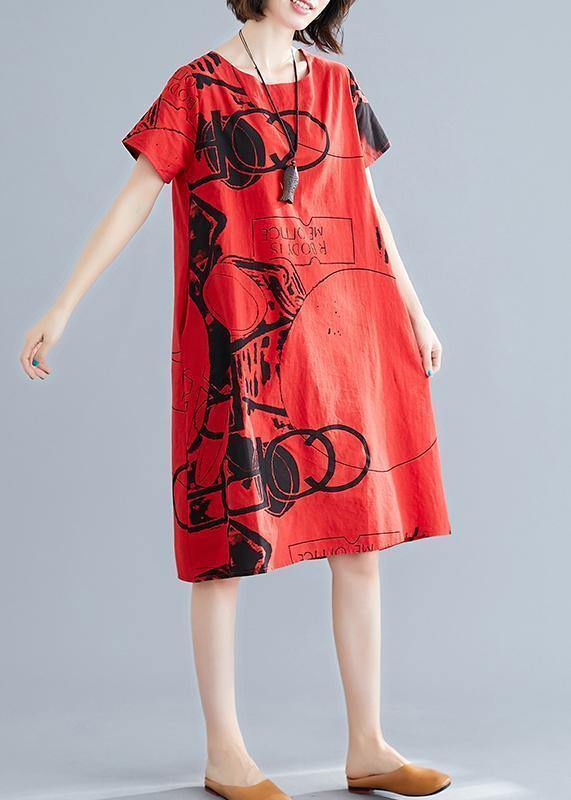 100% o neck short sleeve linen cotton clothes red print Dress summer - SooLinen