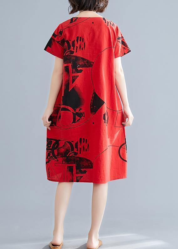 100% o neck short sleeve linen cotton clothes red print Dress summer - SooLinen