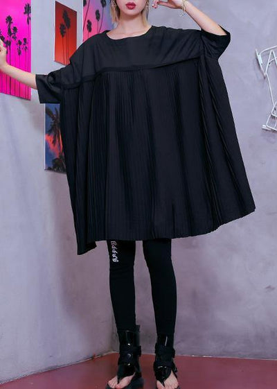 100% o neck Cinched Cotton clothes Women 18th Century black tunic Dress Summer - SooLinen