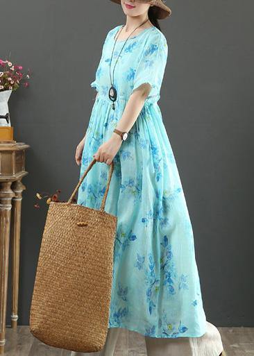 100% o neck Cinched linen summer dresses design blue print Dresses - SooLinen