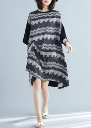 100% patchwork cotton clothes For Women Sleeve black prints cotton Dresses summer - SooLinen