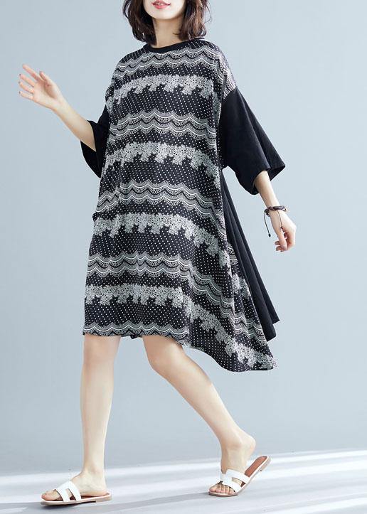 100% patchwork cotton clothes For Women Sleeve black prints cotton Dresses summer - SooLinen