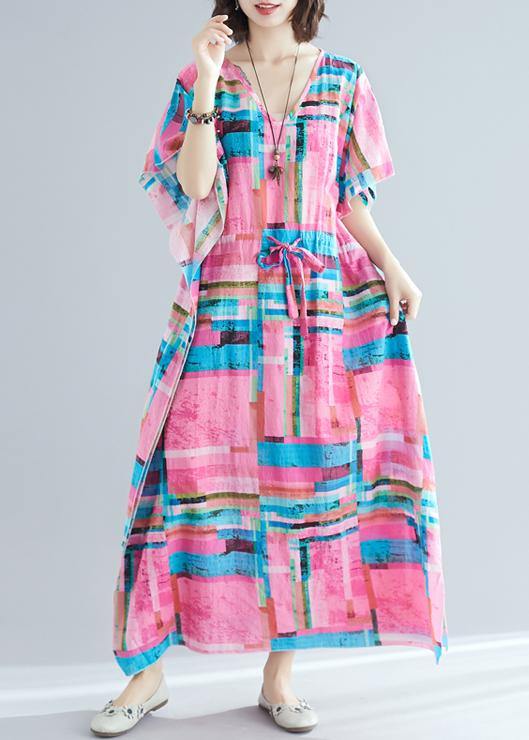 100% pink print Tunics v neck drawstring long summer Dresses - SooLinen