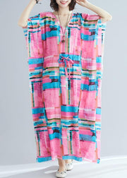 100% pink print Tunics v neck drawstring long summer Dresses - SooLinen