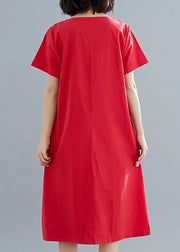 100% red Cotton Long Shirts stylish Inspiration prints Plus Size summer Dresses - SooLinen