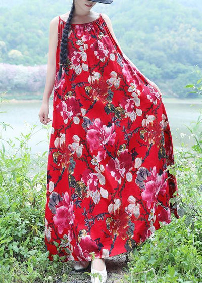 100% red floral linen sleeveless long summer Dresses - SooLinen