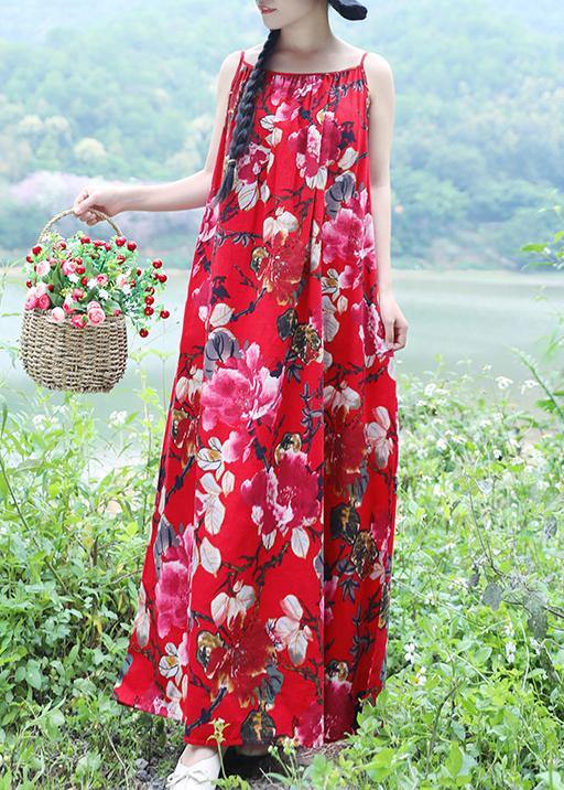 100% red floral linen sleeveless long summer Dresses - SooLinen